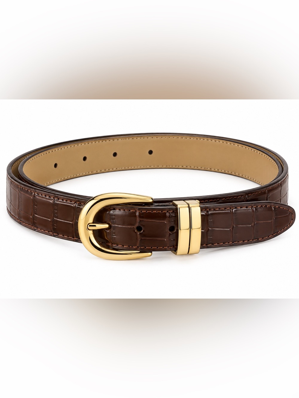 Ann Taylor Croc-Embossed Leather Belt with Gold Buckle - Brown